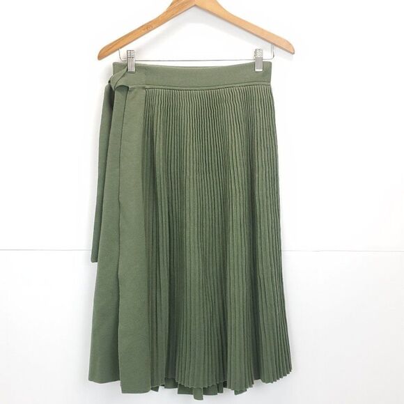 3.1 Phillip Lim Wool Blend Pleated Tie Waist A-Line Skirt in Army Green - Picture 8 of 11